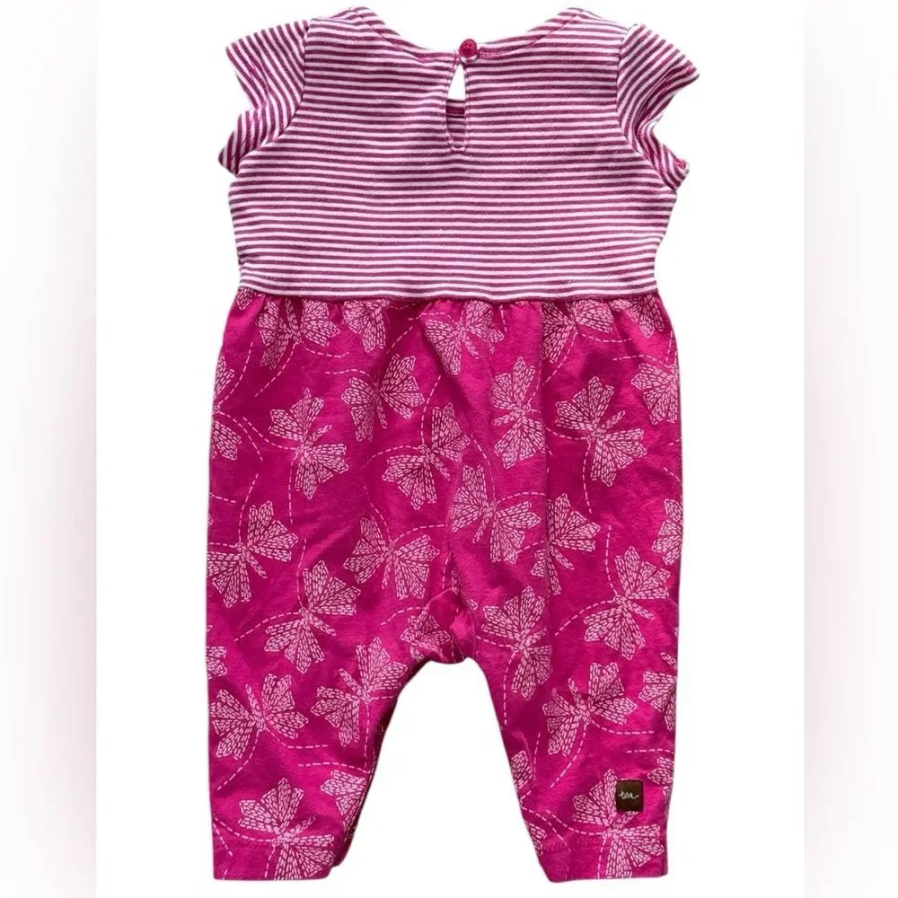 Tea Collection Baby Girls Short Sleeve Pink Striped One Piece Romper. 0-3 Months